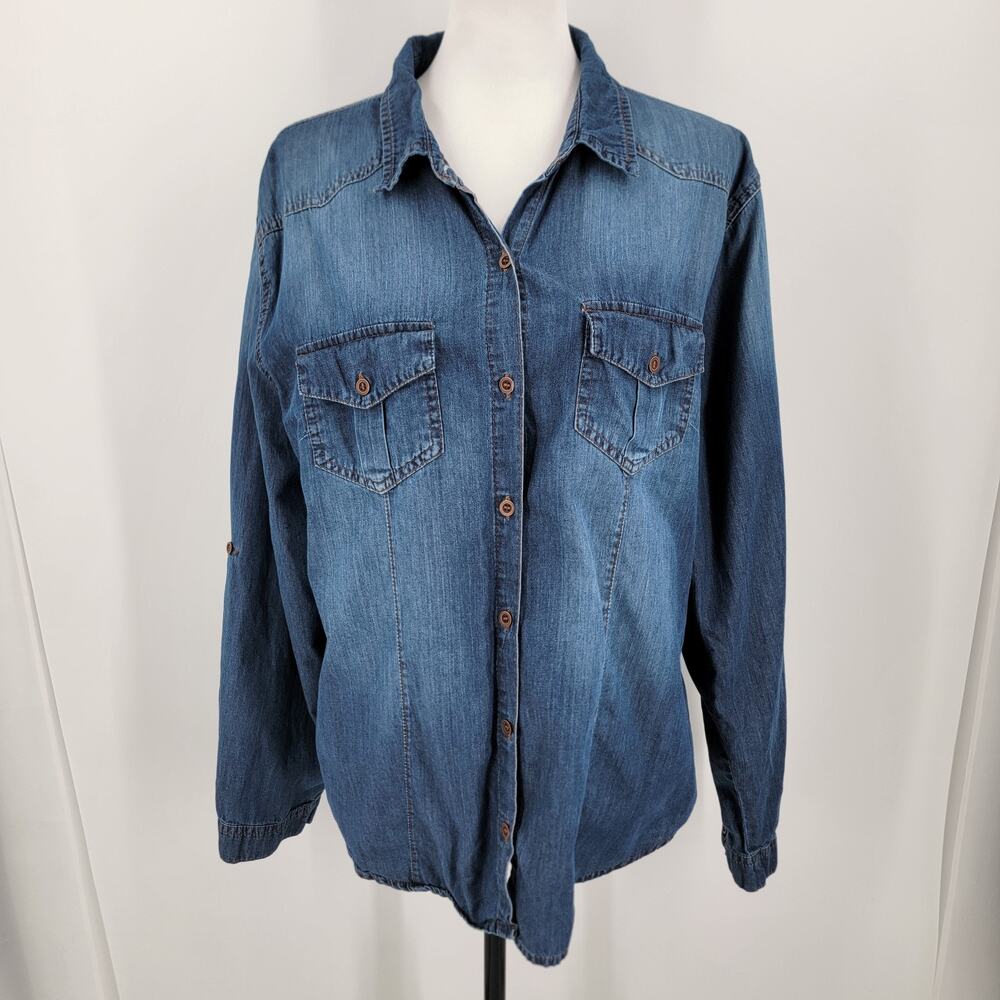C'est Toi Shirt Womens XL Blue Chambray Denim Button Up Roll Tab Sleeves